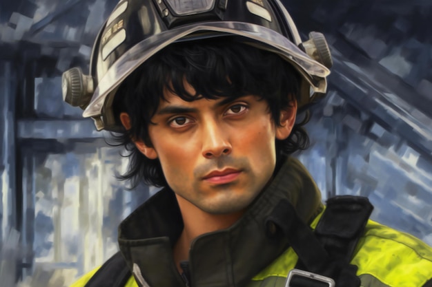 Portret van een brandweerman die een helm draagt en naar de camera kijkt