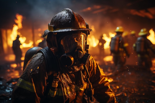 Portret van een brandweerman in actie met vuur op de achtergrond