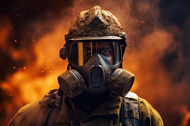 Portret van een brandweerman in veiligheidsuniform helm en casmasker Professionele brandweerman kijkt naar de camera Brandweerman na vermoeiend werk Hij is moe en zijn gezicht is bedekt met roet