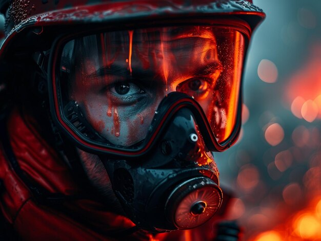 Portret van een brandweerman met een gasmasker