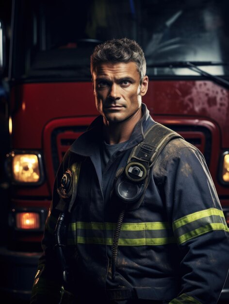 Portret van een brandweerman voor een brandweerwagen