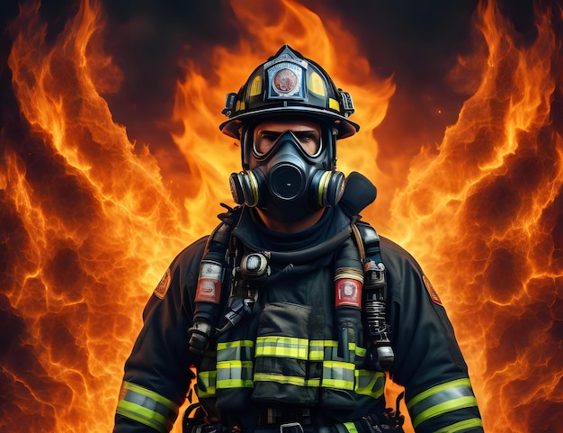 Portret van een brandweerman voor een explosieve brand met brandweermiddelen en een helm