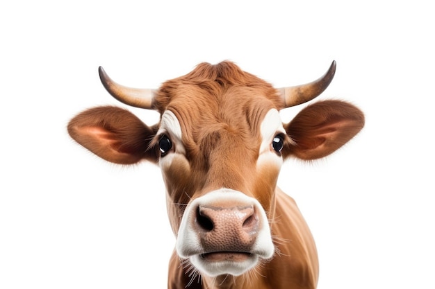 Portret van een bruine koe geïsoleerd op een witte achtergrond Grappig schattig dier dat naar de camera kijkt