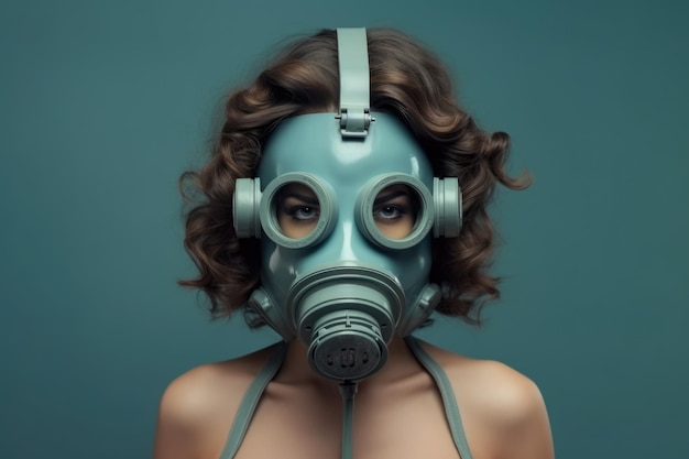 Portret van een brunette in een blauw gasmasker tegen een blauwe muur