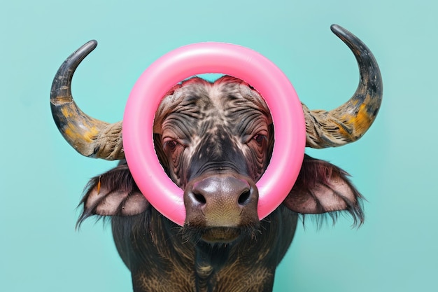 Portret van een buffel met een roze opblaasbare ring op een blauwe achtergrond