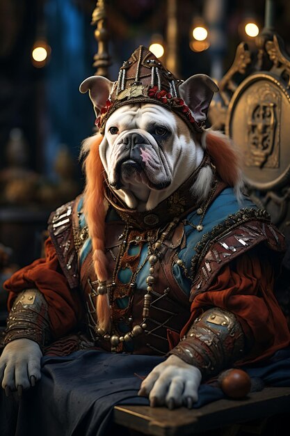 Portret van een Bulldog die een Jester-kostuum draagt voor een Renaissance Fair Sitt Pet Festive Costume Photo