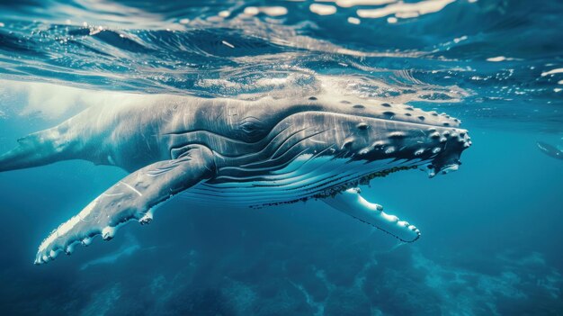 Foto portret van een bultrug die zwemt in het blauwe oceaanwater
