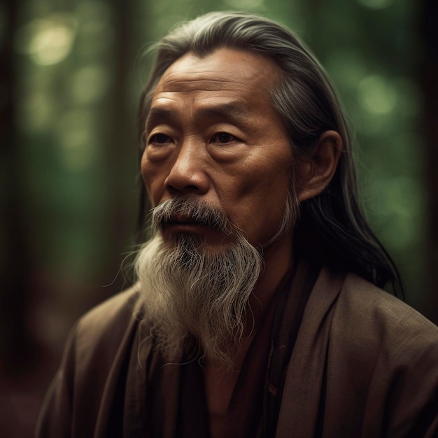 Portret van een Chinese wijze in het bos met zijn gezicht naar de camera gekeerd