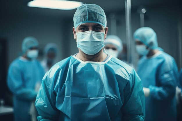 Portret van een chirurg die in de operatiekamer staat met collega's op de achtergrond Een gefocuste dokter in scrubs en masker staat in een operatiekamer