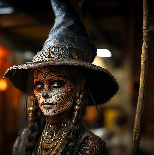 Portret van een close-up eng uitziende heks die rechtstreeks in de camera kijkt Halloween-concept