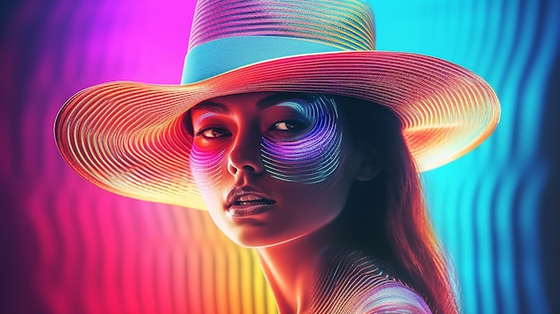 Foto portret van een coole jonge vrouw met een hoed gekke kleurrijke lifestyle concept fictieve persoon