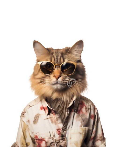 portret van een coole kat die zomerkleding en zonnebril draagt geïsoleerd op een witte achtergrond