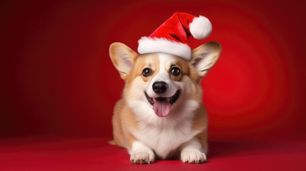 Portret van een corgi in een rode kerstmanhoed van het nieuwe jaar op een rode achtergrond in de studio Creatief Het concept van Kerstmis en feestdagen