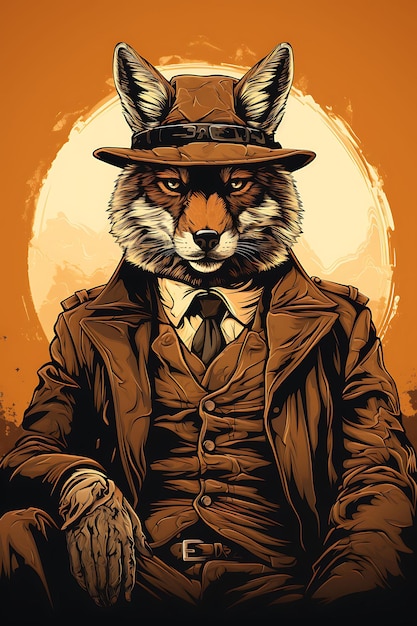 Portret van een coyote die krant leest, goede zithouding en fo vintage poster 2D flat design art