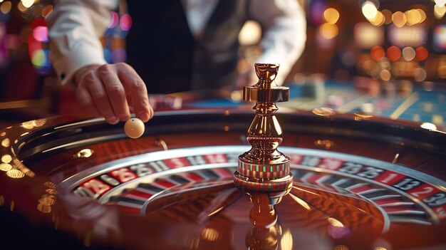 Portret van een croupier die een roulettebal vasthoudt in een casino met een grote ruimte voor tekst of productreclame Generatieve AI