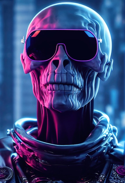 Portret van een cyberpunk-zombie-skelet uit de hel met mooie zonnebril Halloween-concept