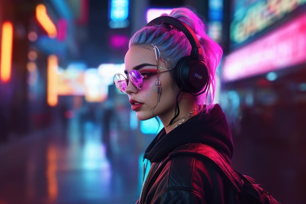 portret van een cyberpunkmeisje dat futuristische kleding en accessoires draagt en voor lichten staat