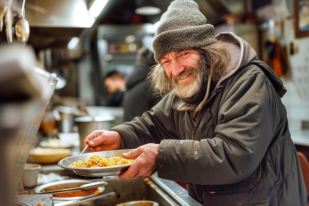 Foto portret van een dakloze man die voedsel op een bord in een eetkamer legt