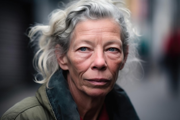 Portret van een dakloze vrouw in de stad gemaakt met generatieve ai