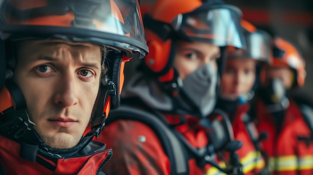 Portret van een dappere brandweerman met een beschermende helm en uniform die met vastberadenheid naar de camera kijkt
