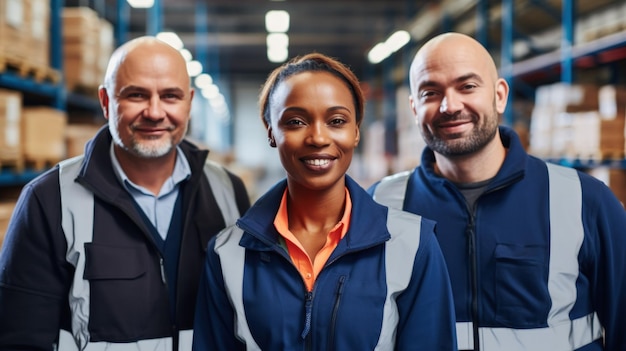 Foto portret van een diverse groep industriële arbeiders die in een fabriek werken