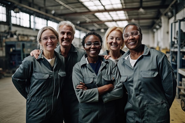 Foto portret van een diverse groep industriële arbeiders die samen in een fabriek staan selectieve focus generatieve ai