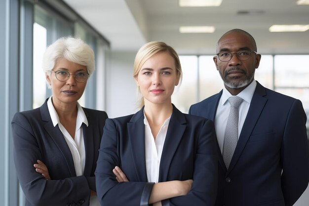 Portret van een diverse groep van drie zakenlieden die in een kantoor staan