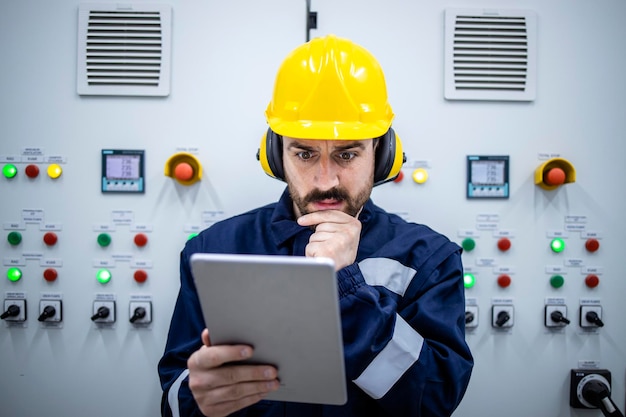 Portret van een doordachte industriële elektrotechnisch ingenieur die naar een elektrisch schema kijkt