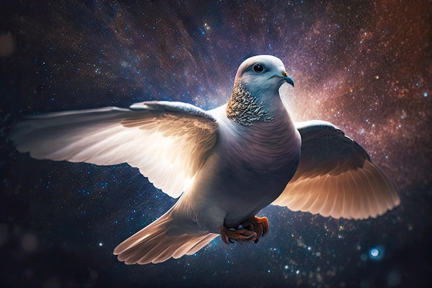 Portret van een duif die in de ruimte generatieve ai illustratie vliegt