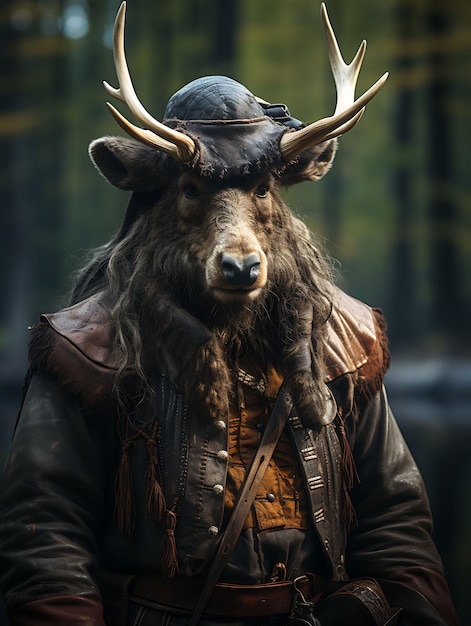 Portret van een eland Pirate Forest Mariner Costume Antlered Tricorn Hat Woo Animal Arts Collections