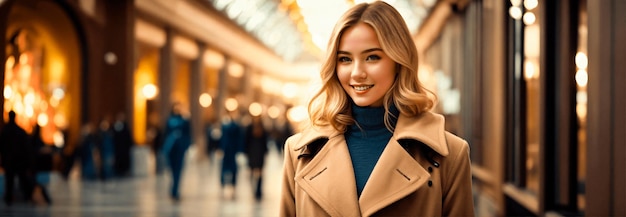 Portret van een elegante jonge blonde vrouw in een vaag drukke winkelcentrum in bannerformaat