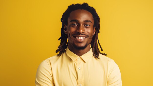 Portret van een elegante sexy glimlachende Afrikaanse man met donkere en perfecte huid en lang haar op geel