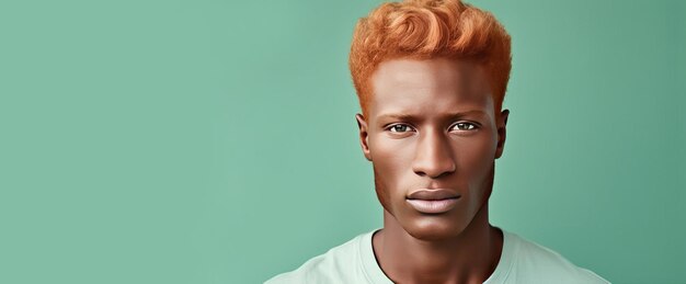 Portret van een elegante sexy glimlachende Afrikaanse man met donkere perfecte huid rood haar op lichtgroene rug