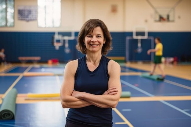 Portret van een enthousiaste en energieke vrouwelijke lerares in een gymzaal in trainingskleding