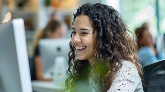 Portret van een enthousiaste Spaanse jonge vrouw die aan de computer werkt in een modern, helder kantoor, een zelfverzekerde HR-agent die gelukkig glimlacht terwijl ze online samenwerkt met collega's.