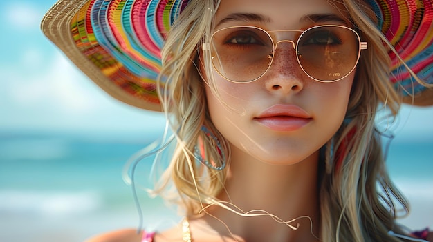 Foto portret van een fictief blond model in een heldere hoed en zonnebril op het strand