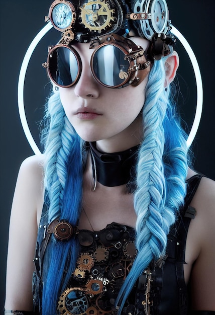 Portret van een fictief mooi steampunkmeisje met mooi haar en een steampunkbril