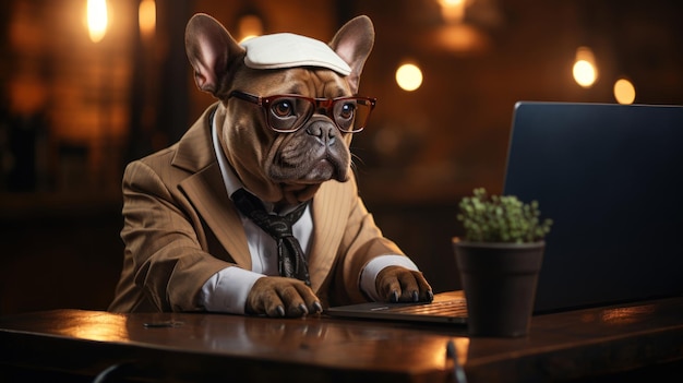 Portret van een Franse bulldog in een beige pak en een witte pet die op een laptop werkt