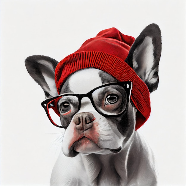 Portret van een Franse Bulldog met een rode pet en bril zwart-wit grafische tekening Generatieve AI