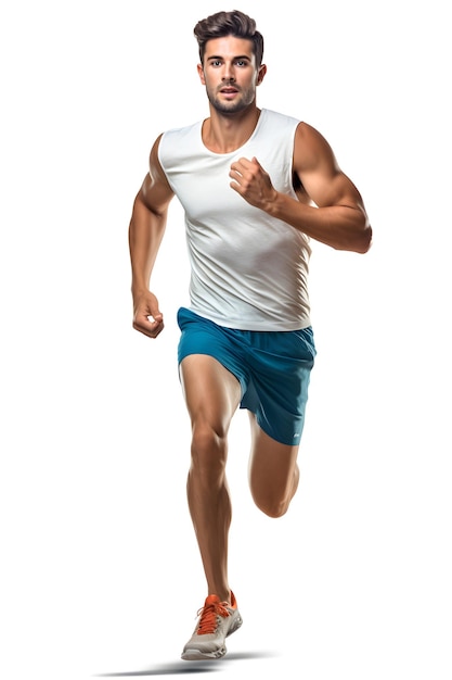 Foto portret van een geconcentreerde jonge sportman die geïsoleerd op een witte achtergrond loopt