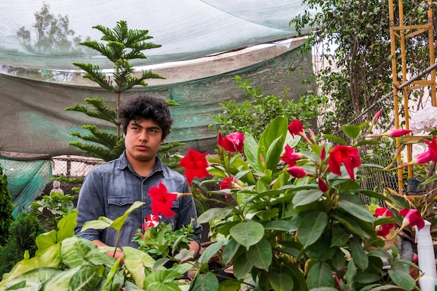 portret van een geconcentreerde tuinman terwijl hij de planten en rode bloemen in de tuin bekijkt