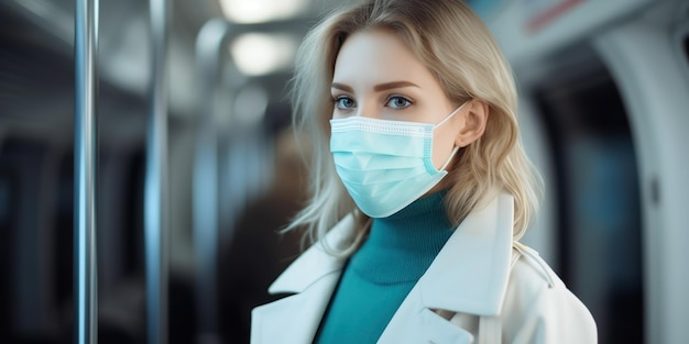 Portret van een gefocuste vrouw met een wegwerpmasker en handschoenen die in een metro reist