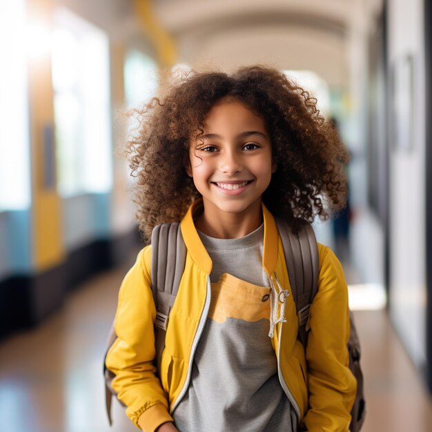 Portret van een gelukkig biraciaal schoolmeisje met schooltas glimlachend in de gang op de basisschool