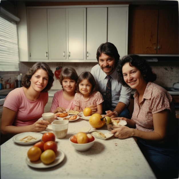 Portret van een gelukkig gezin dat thuis ontbijt in de keuken.