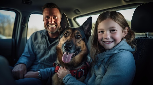 Portret van een gelukkig gezin in de auto met hun hond