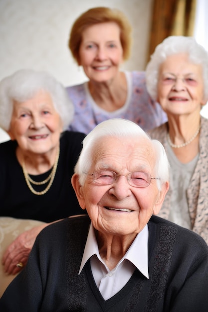 Portret van een gelukkig gezin met hun grootouders op de achtergrond