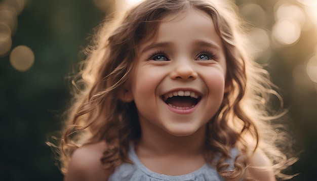 Portret van een gelukkig glimlachend klein meisje met krullend haar in een blauwe jurk