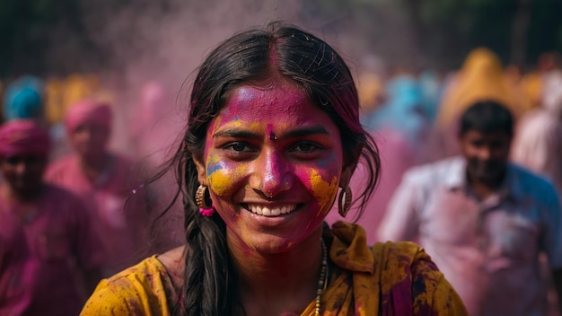 Portret van een gelukkig Indiase meisje in een traditionele hindoe-sari op holi kleurHoli Festival Of Colors