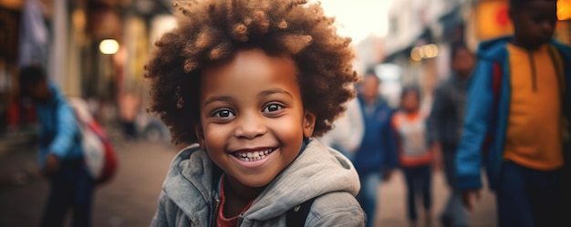 Portret van een gelukkig jong Afrikaans afro-kind op vakantiebannerpanorama Generatieve Ai
