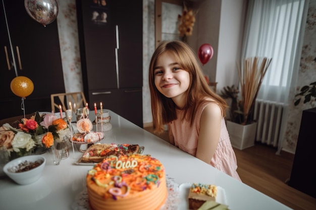 Portret van een gelukkig jong meisje dat haar verjaardag thuis viert